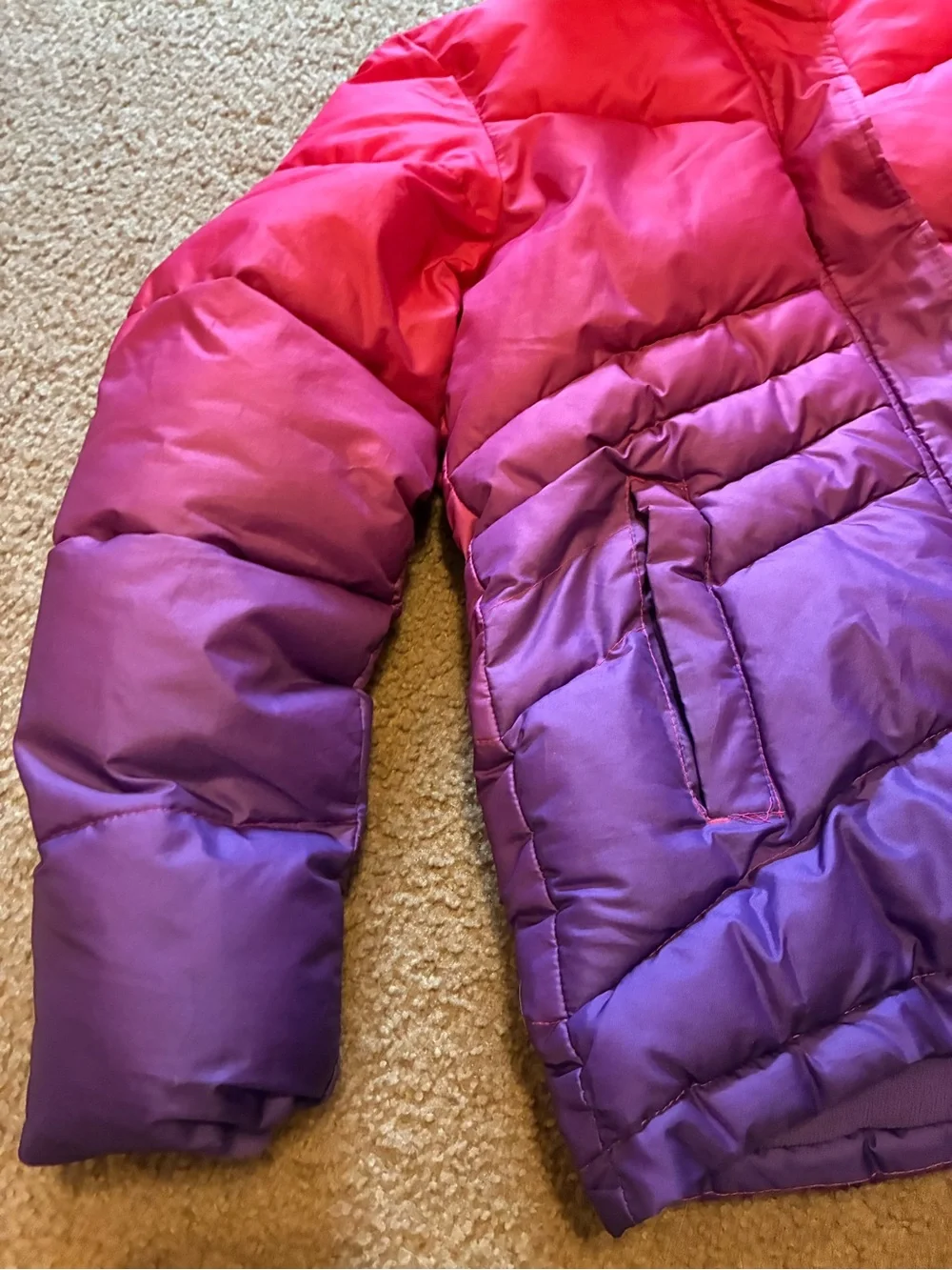 Arizona Jean Company Girls Pink to Purple Ombre Puffer Jacket with Faux Fur Hood